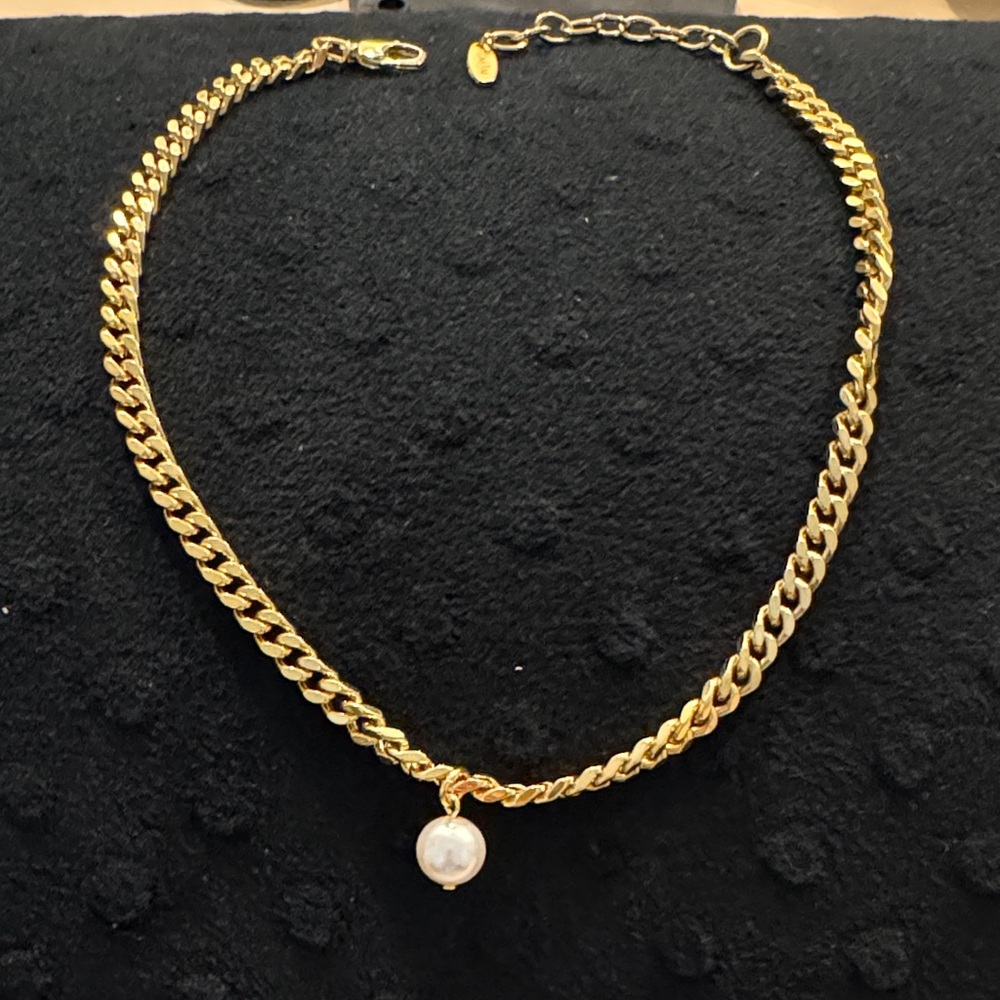 Gold Chain Necklace Swarovski Pearl Pendant Minimal Chunky Chain